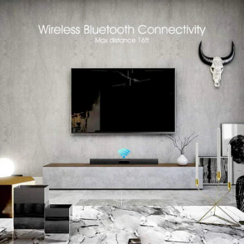 Modern living room with a TV and soundbar, featuring wireless Bluetooth connectivity text.