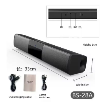 Black soundbar with dimensions and cable details on a white background