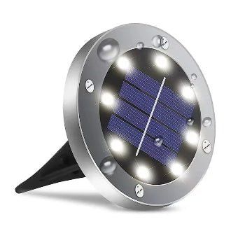 Solar-powered outdoor light with visible solar panel on a white background