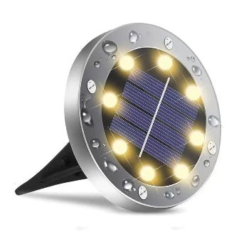 Solar-powered outdoor light with visible solar panel and LED lights on a white background