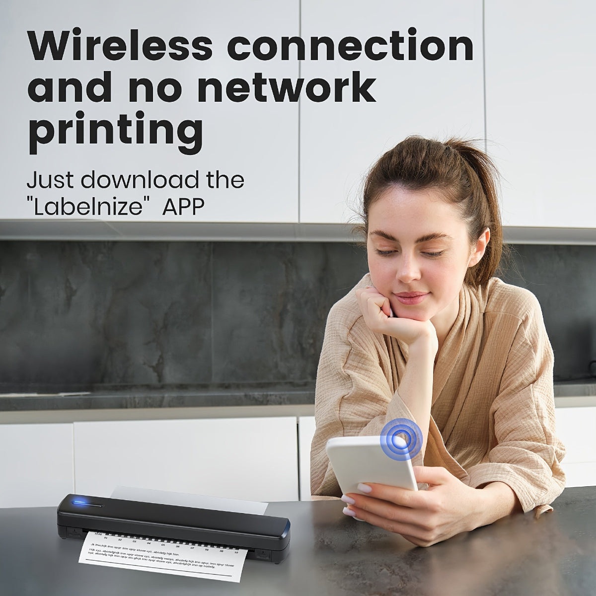Woman using a smartphone with a label printer in a kitchen setting, promoting the 'Labelize' app.