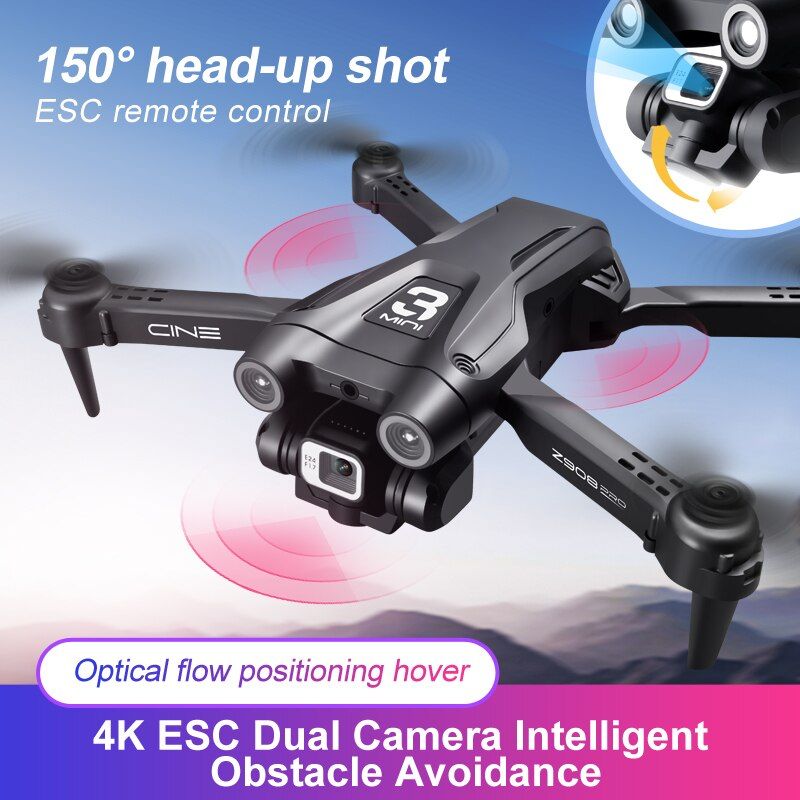 Black drone with camera and remote control features on a blue and white background