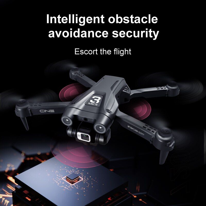 Drone with intelligent obstacle avoidance security feature on a dark background