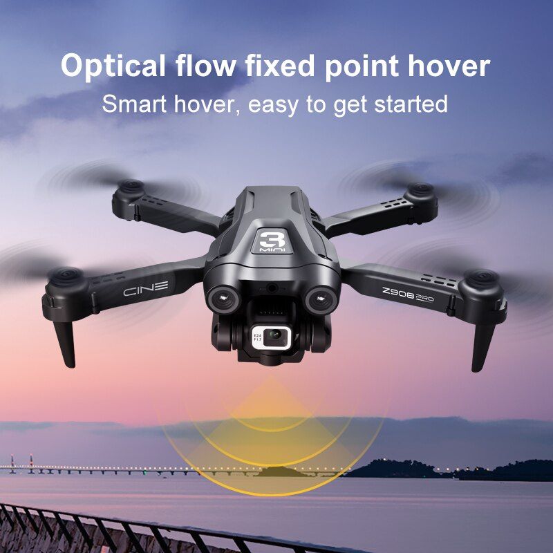 Drone with 'Optical flow fixed point hover' text against a scenic background