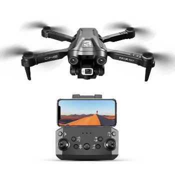Drone with remote control and screen displaying a landscape