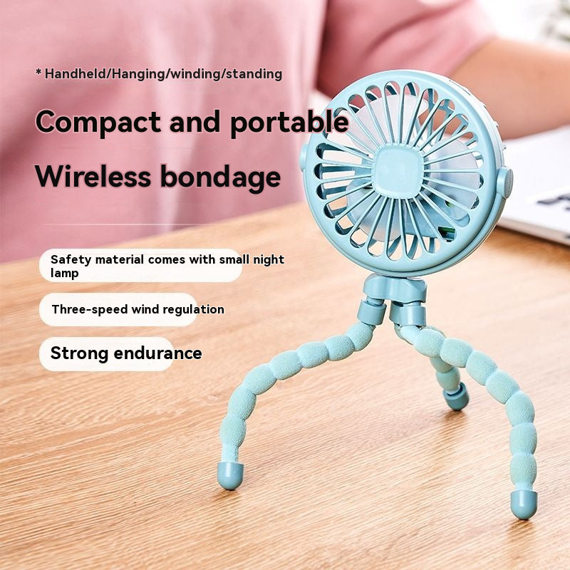 Compact and portable wireless bondage fan on a wooden surface with text highlighting features.