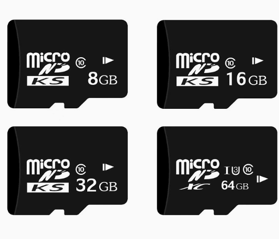 Four microSD cards with different capacities on a white background