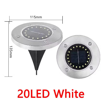 Solar-powered outdoor light with 20 LED lights, showing dimensions and labeled '20LED White'.