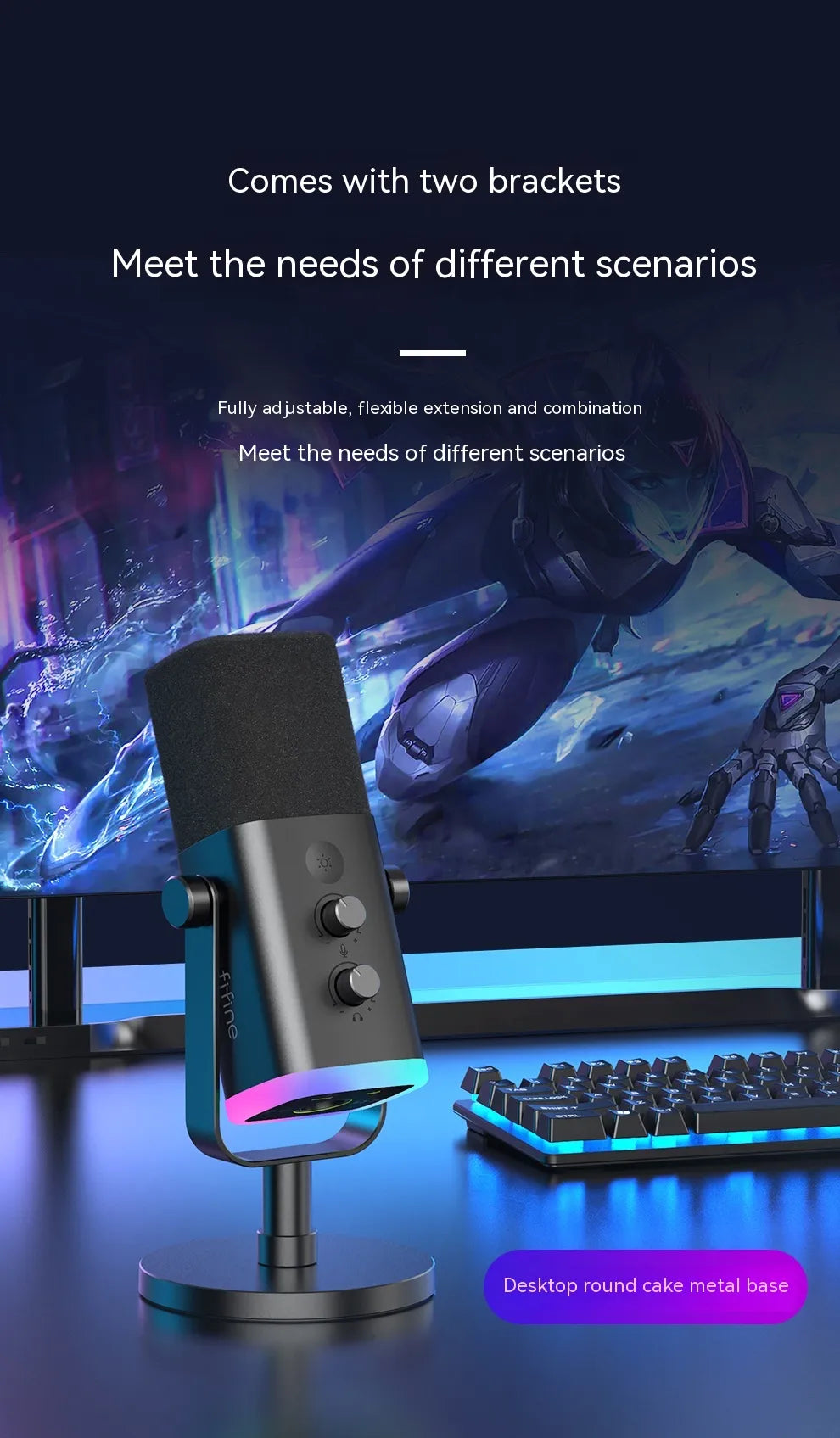 Microphone with brackets on a stand in front of a computer screen with gaming graphics.