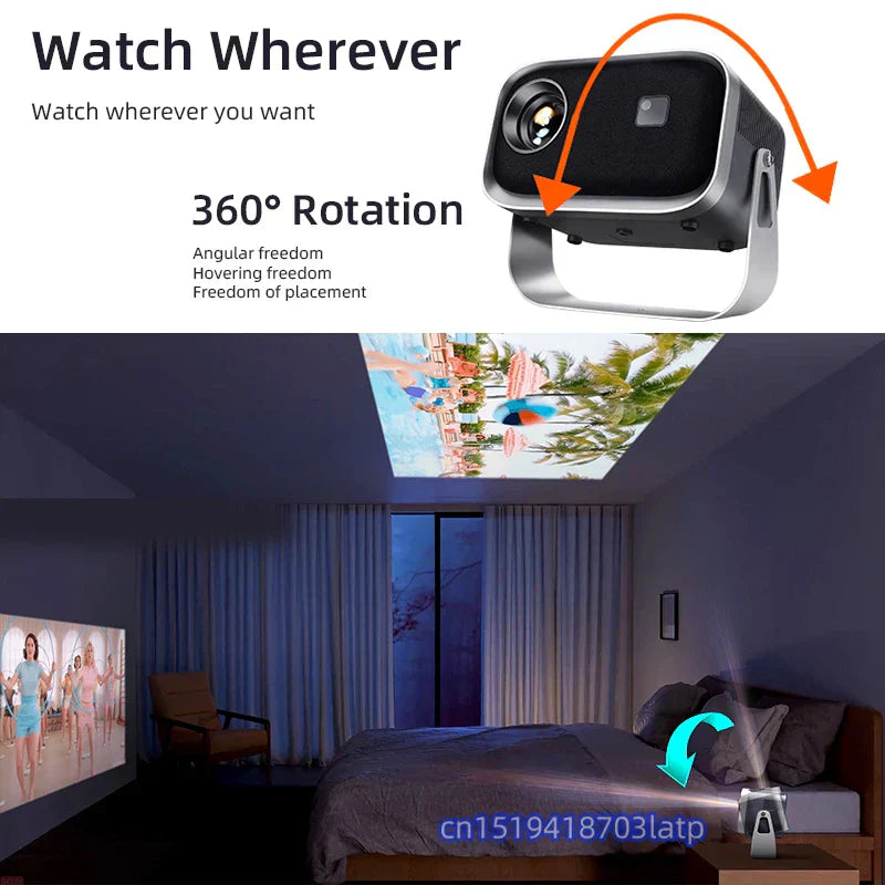 Projector with 360-degree rotation feature, shown in a room setting.