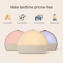 Three round night lights in different colors with text 'Make bedtime phone-free' above them.