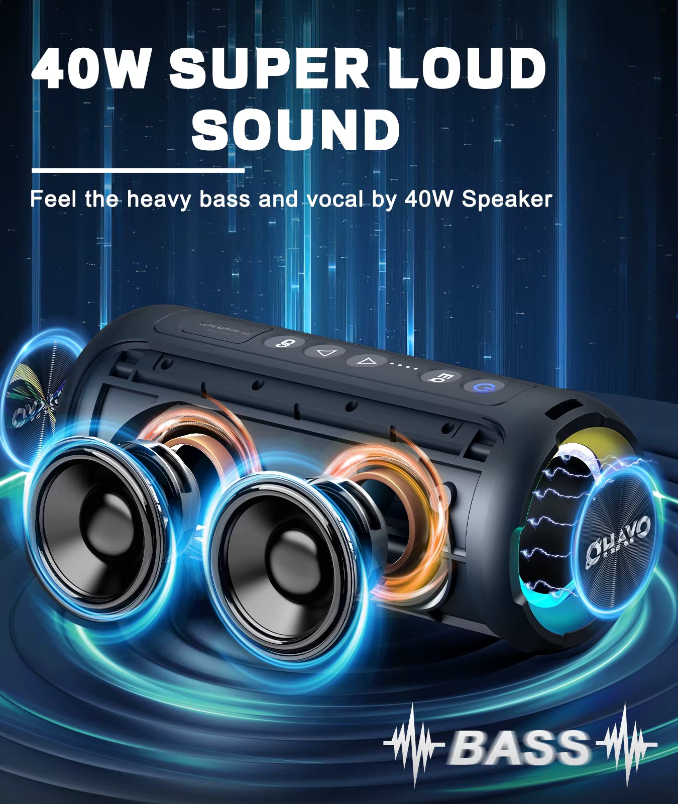 40W speaker with glowing components on a dark background