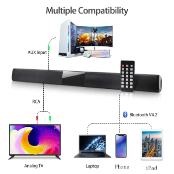 Soundbar with connectivity options diagram on a white background