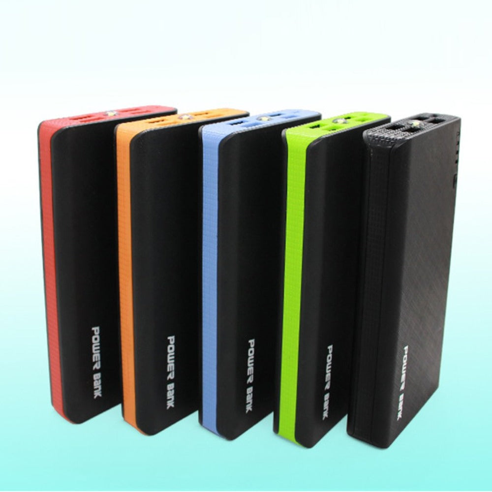Set of five colorful power banks on a light blue background
