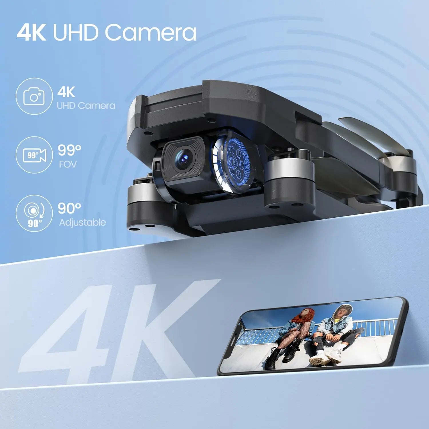 Drone with phone under with info about camera