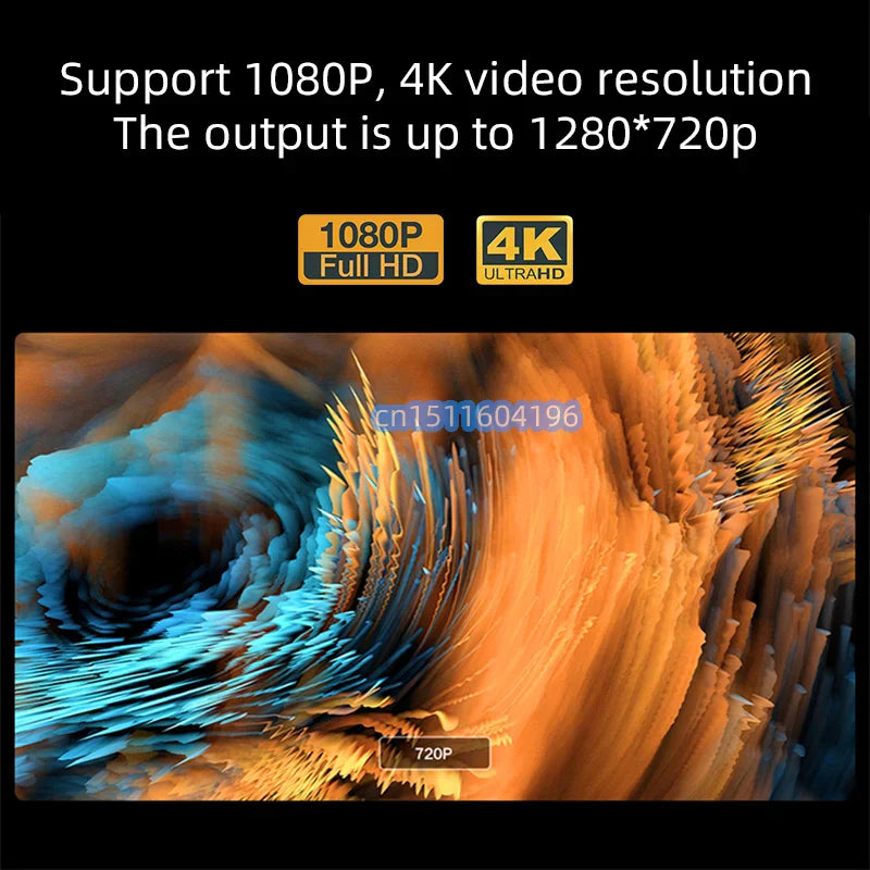 Display of video resolution support with 1080P, 4K text and visual effects.
