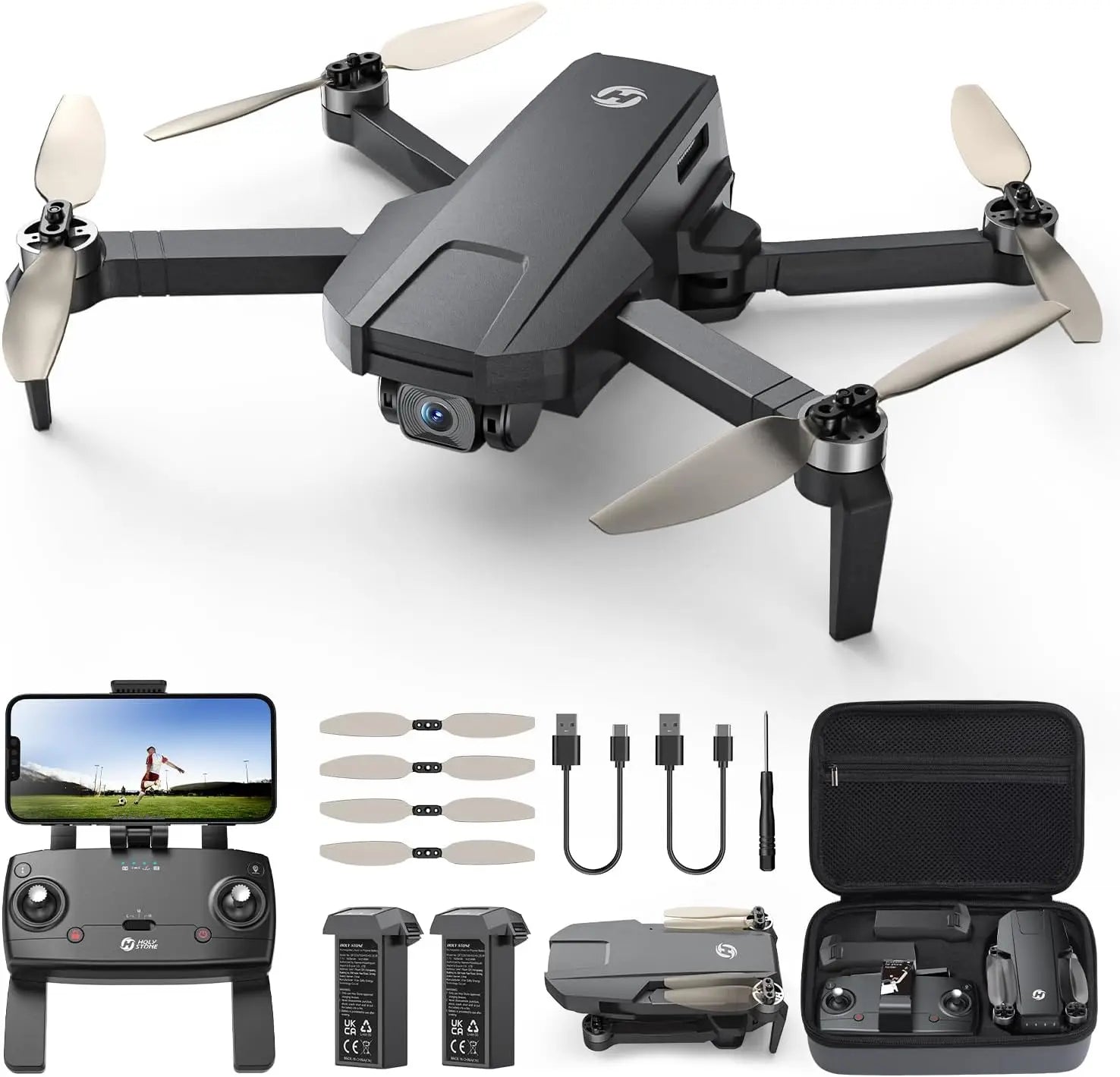 4K Drone with all product received-case,battery,cords,remote on a white background 