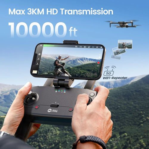 remote in hands with text of the range, mountains in the background