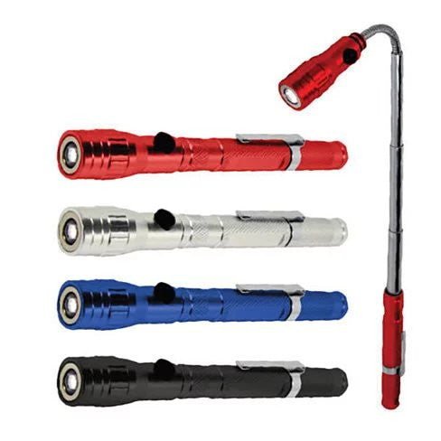 Set of four flashlight attachments with red, blue, and black bases on a white background
