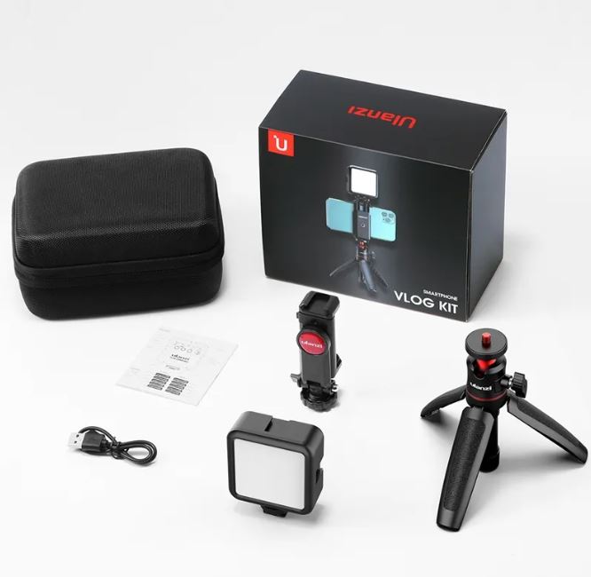 Mobile Phone Vlog Selfie Stick Short all the parts and the ase and box it comes in
