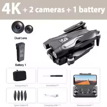 Product display with 4K camera, dual lenses, battery, storage bag, screwdriver, spare blades, charging cable, and remote control.