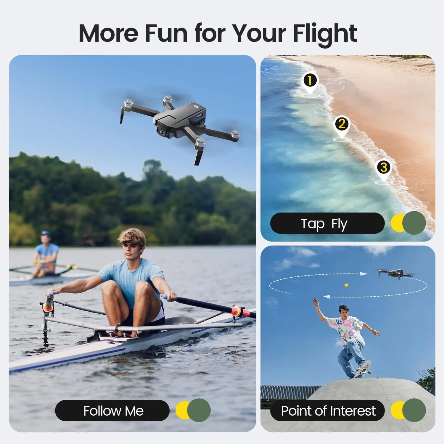 three pic of features follow me(boy on the river in a row boat), tap fly(shore line with spots marked), Point of interest(boy on skateboard drone above)