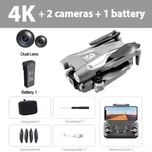 Product bundle with 4K camera, dual lenses, battery, and additional accessories on a white background.
