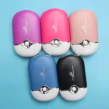 Five colorful handheld fans with different designs on a blue background