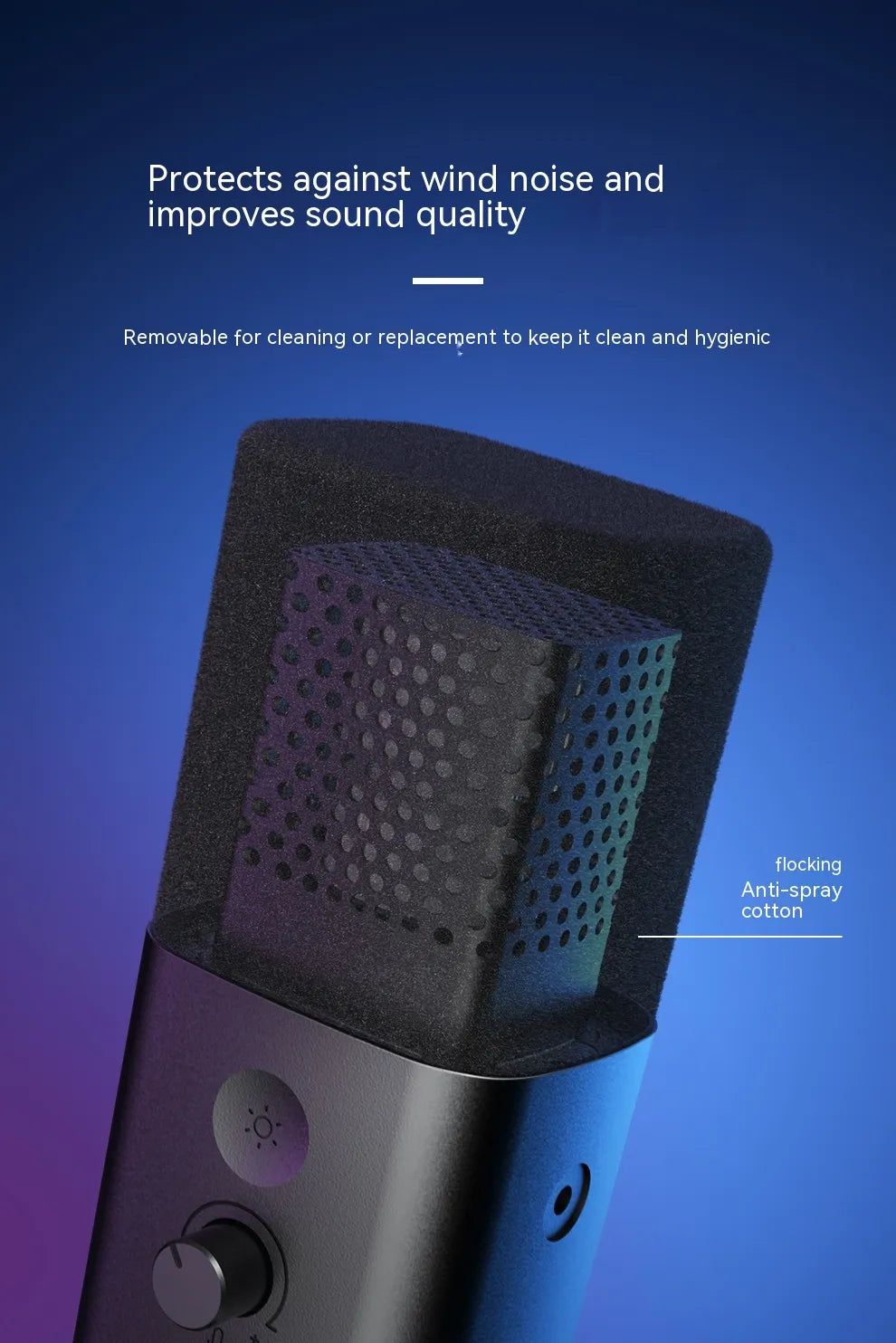Microphone with windscreen and cleaning option on a blue background