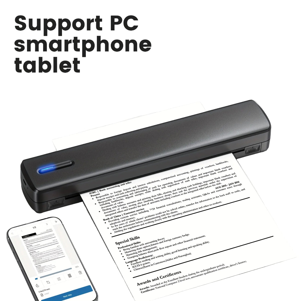 Handheld scanner scanning a document with smartphone and tablet displaying scanned text on a white background.