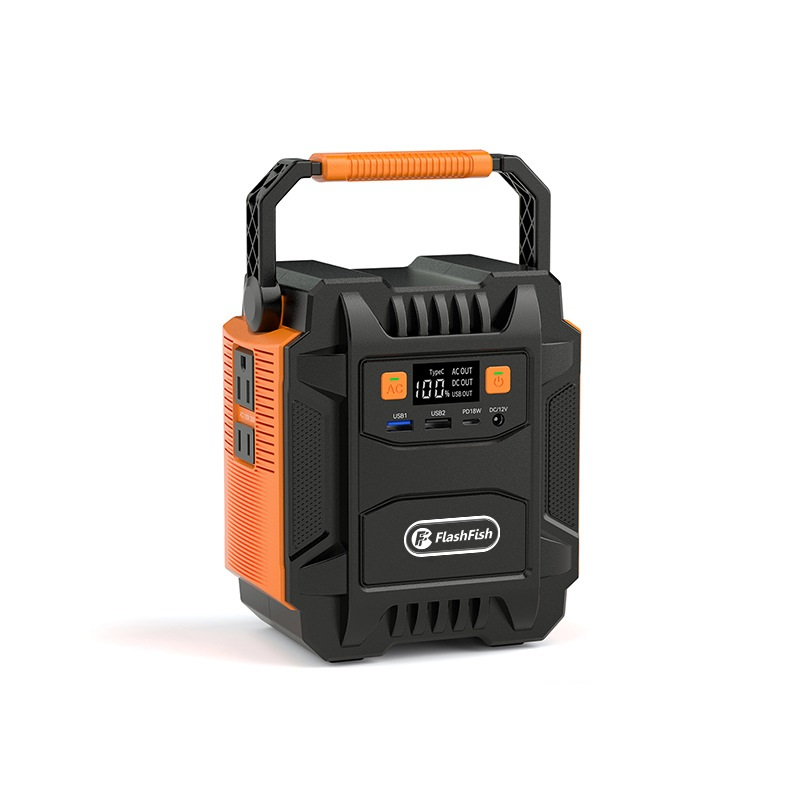 Black and orange portable power station with Flashfish logo on a white background