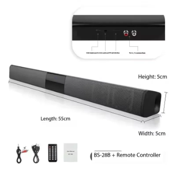 Black soundbar with dimensions and accessories on a white background