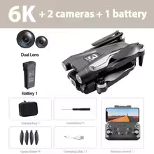Drone with dual lens, battery, storage bag, screwdriver, and remote control on a gray background.