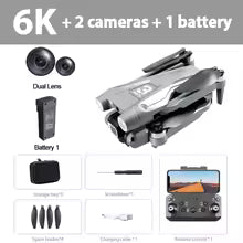Product bundle with 4K camera, dual lenses, battery, storage bag, screwdriver, spare blades, charging cable, and remote control.