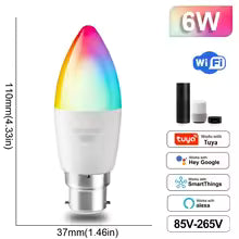 Smart LED bulb with color-changing feature, dimensions, and compatibility logos on a white background.