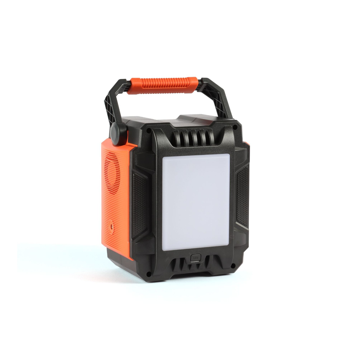 Portable outdoor light with orange and black design on a white background