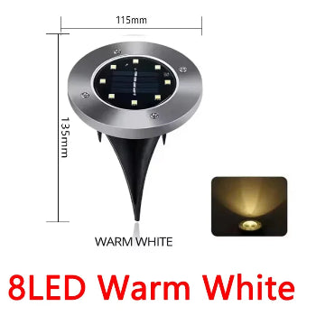 Solar-powered outdoor light with dimensions and warm white LED indication on a white background