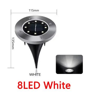 Solar-powered outdoor light with dimensions and LED details on a white background