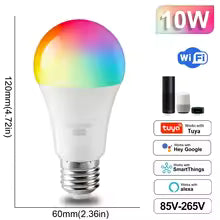 Smart LED light bulb with color-changing feature, dimensions, and compatibility logos on a white background.