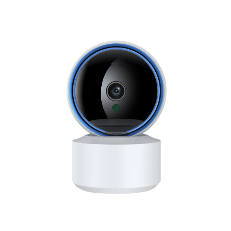 Smart camera with a white base and blue accent on a white background.