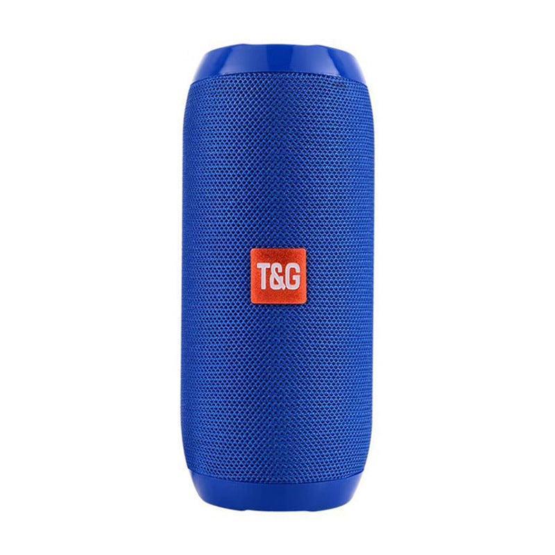 Blue portable speaker with a brand logo on a white background
