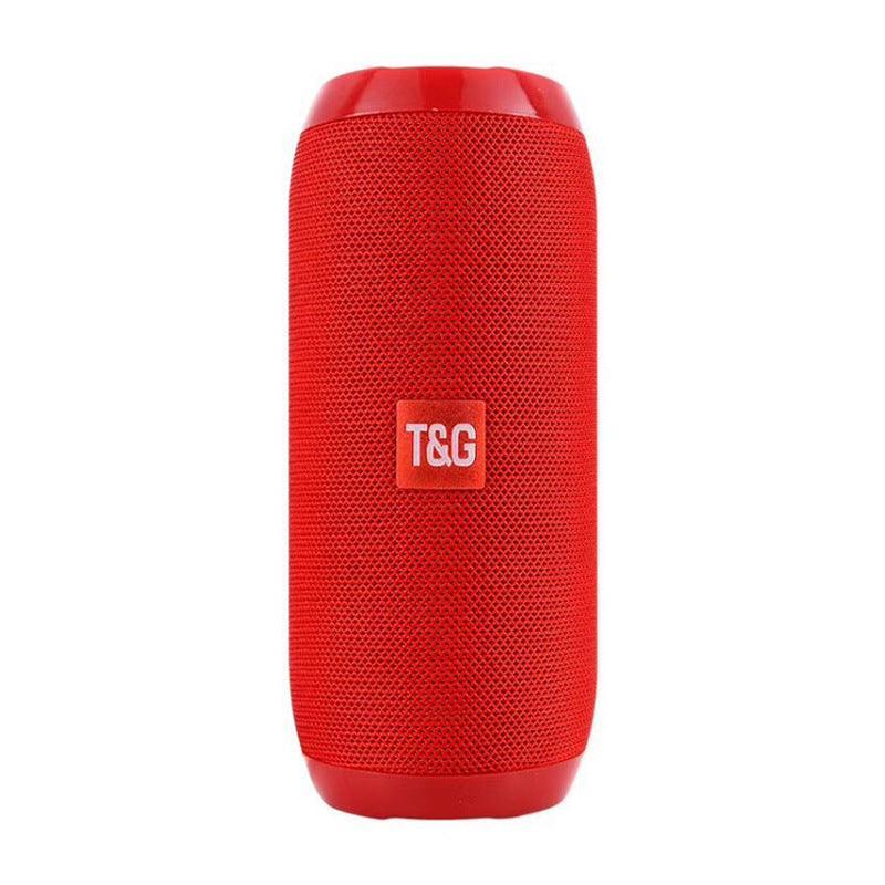 Red portable speaker with T&G logo on a white background