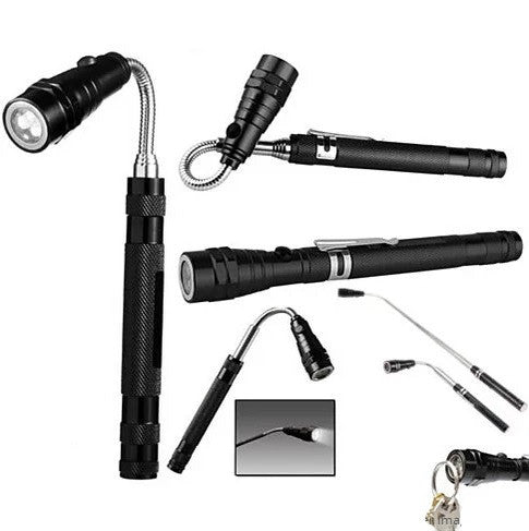 Set of black tactical flashlights and tools on a white background