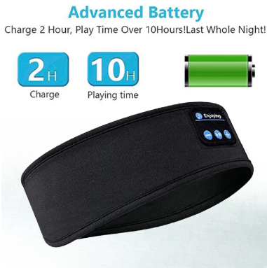 Black Bluetooth headband with battery display on a white background, featuring text about battery charge and play time.
