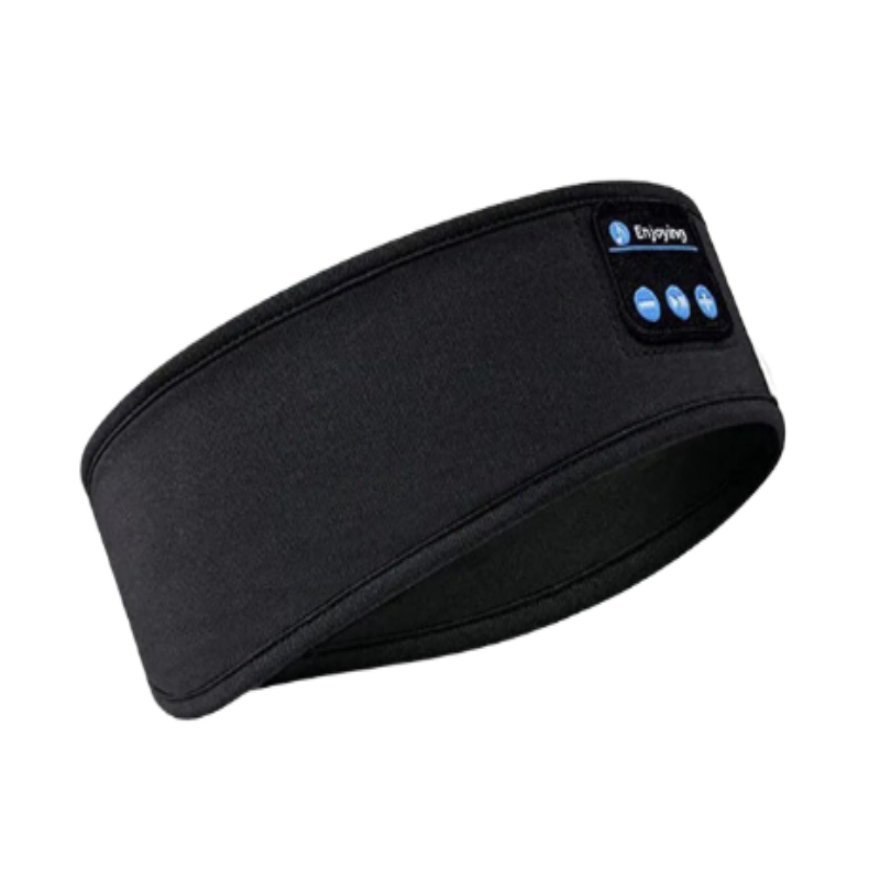 Black headband with Bluetooth control panel on a white background