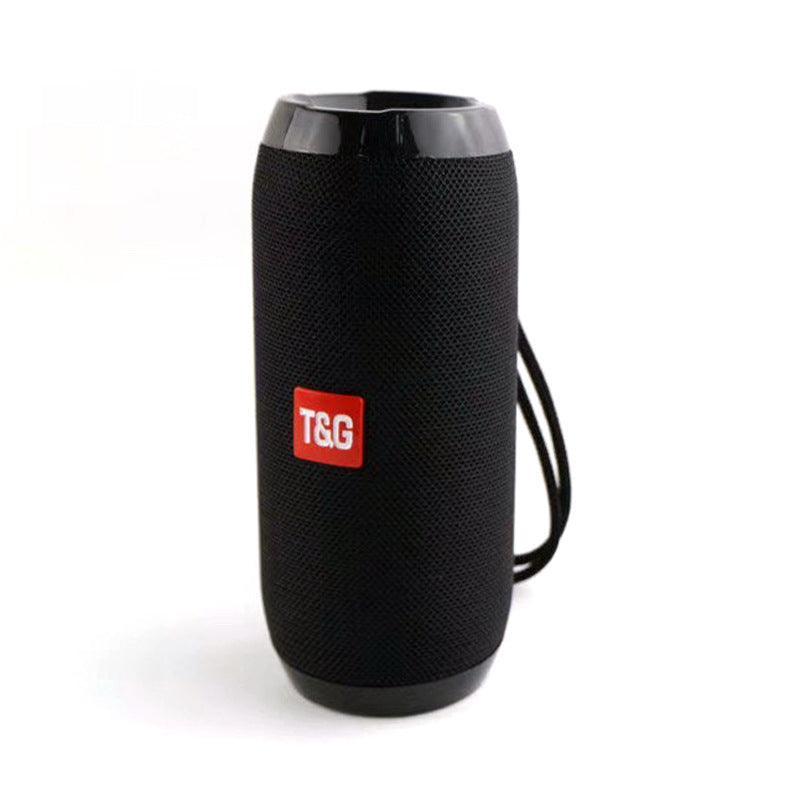 Black portable speaker with a red logo on a white background