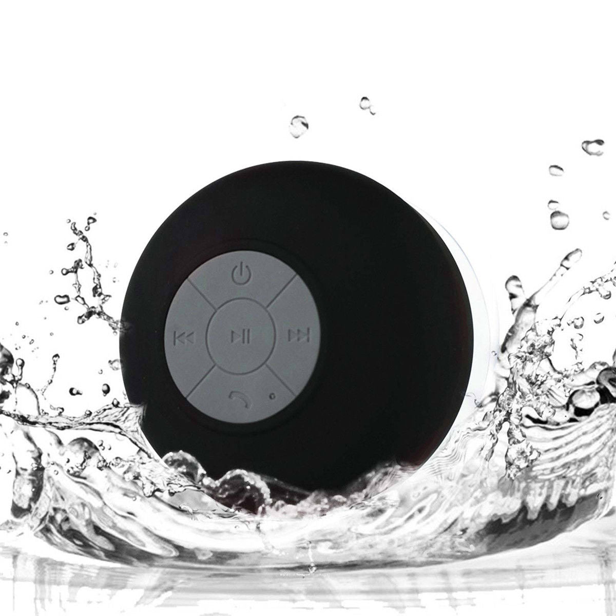 Black Bluetooth speaker with water splashes around it on a white background