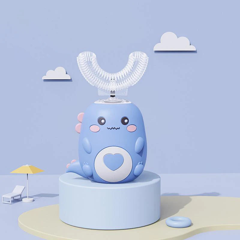 Cute blue cartoon-style toothbrush on a light blue background