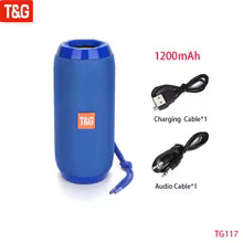Blue portable speaker with charging cable and audio cable on a white background