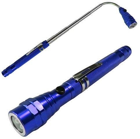 Blue flashlight with extendable handle on a white background